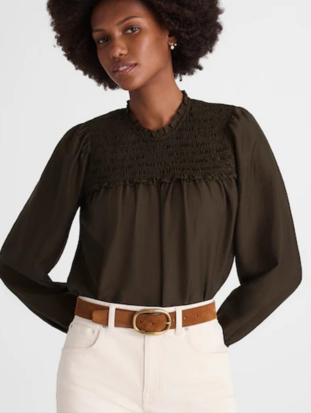 Madewell Smocked High-Neck Long-Sleeve Top NY780 Olive Green Size XS